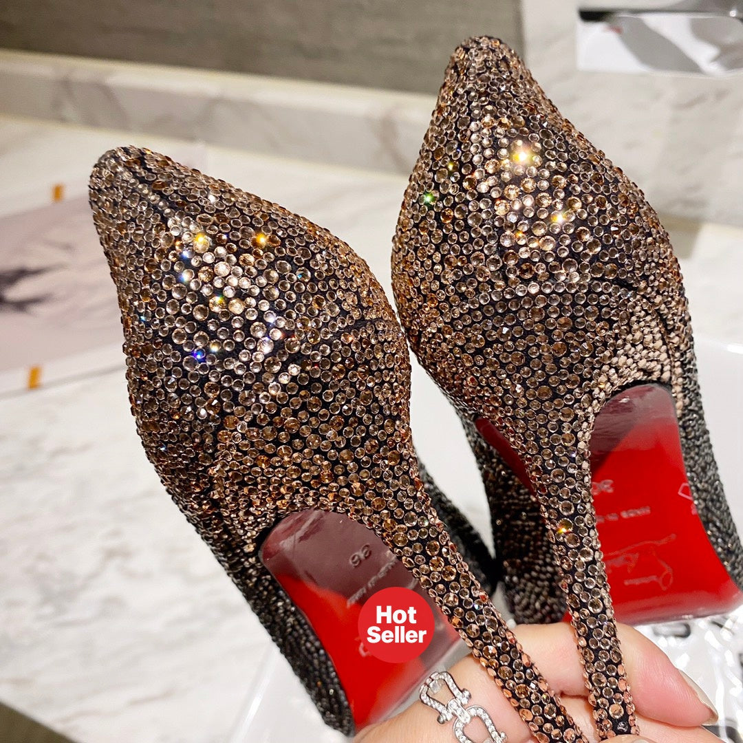 Peacock blue fully rhinestone-encrusted high heels, 10cm heel.