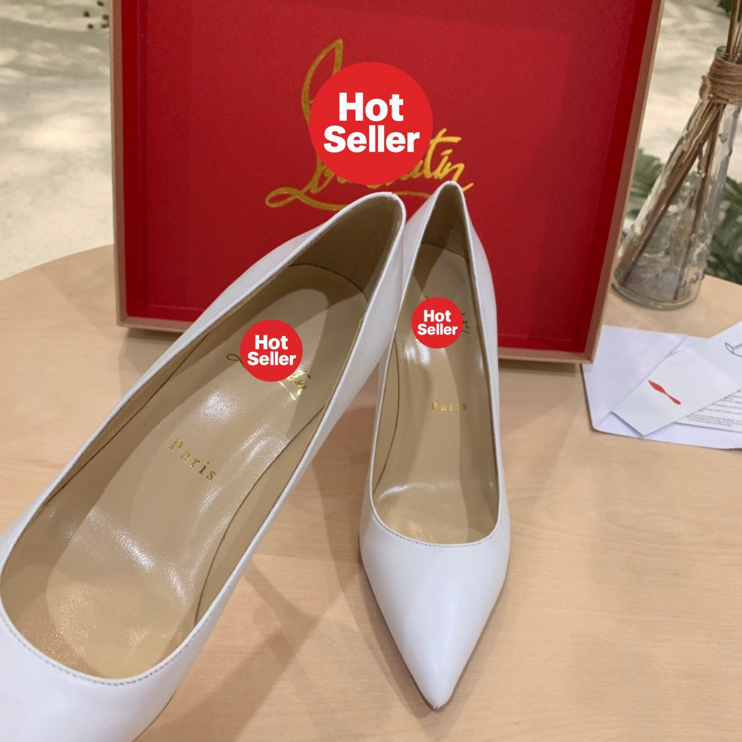 White cowhide high heels, 8.5cm heel.