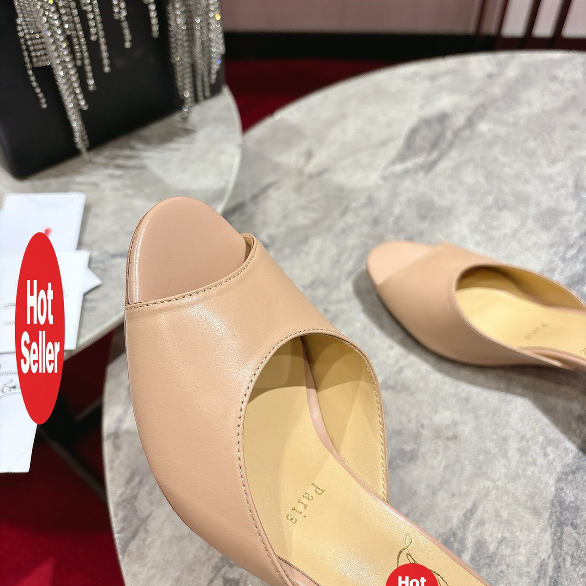 Apricot high-heeled mules, 8.5cm heel.
