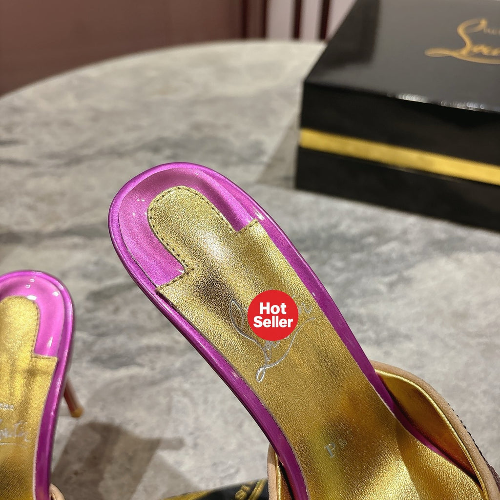 Peep-toe high-heeled slides with colorful rhinestones; 10cm heel.