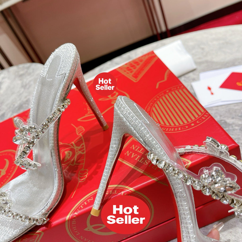 Crystal single-strap sandals, 10cm heel.