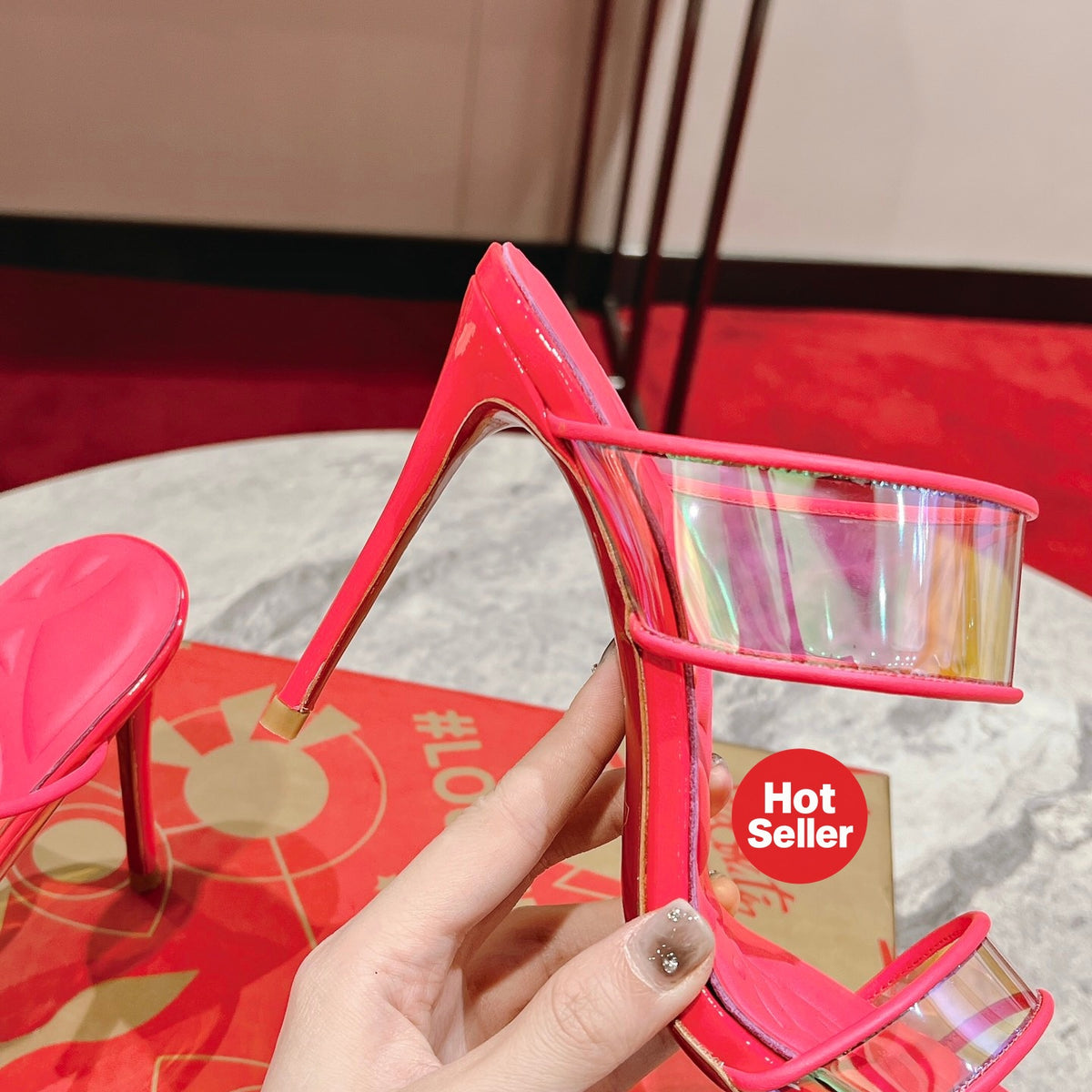 Magenta high-heeled mules, 10cm heel.