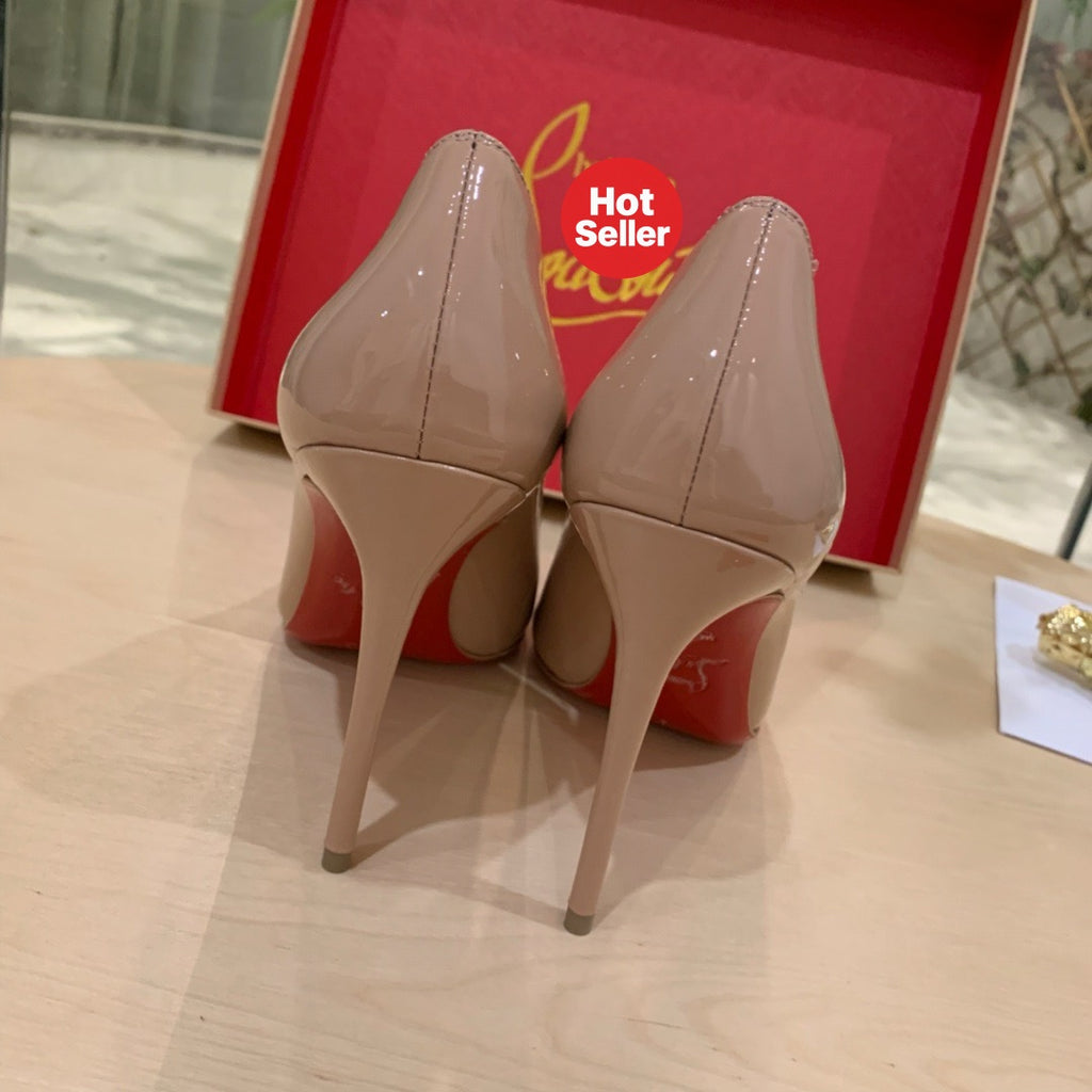 Nude-pink patent cowhide high heels, 10cm heel.