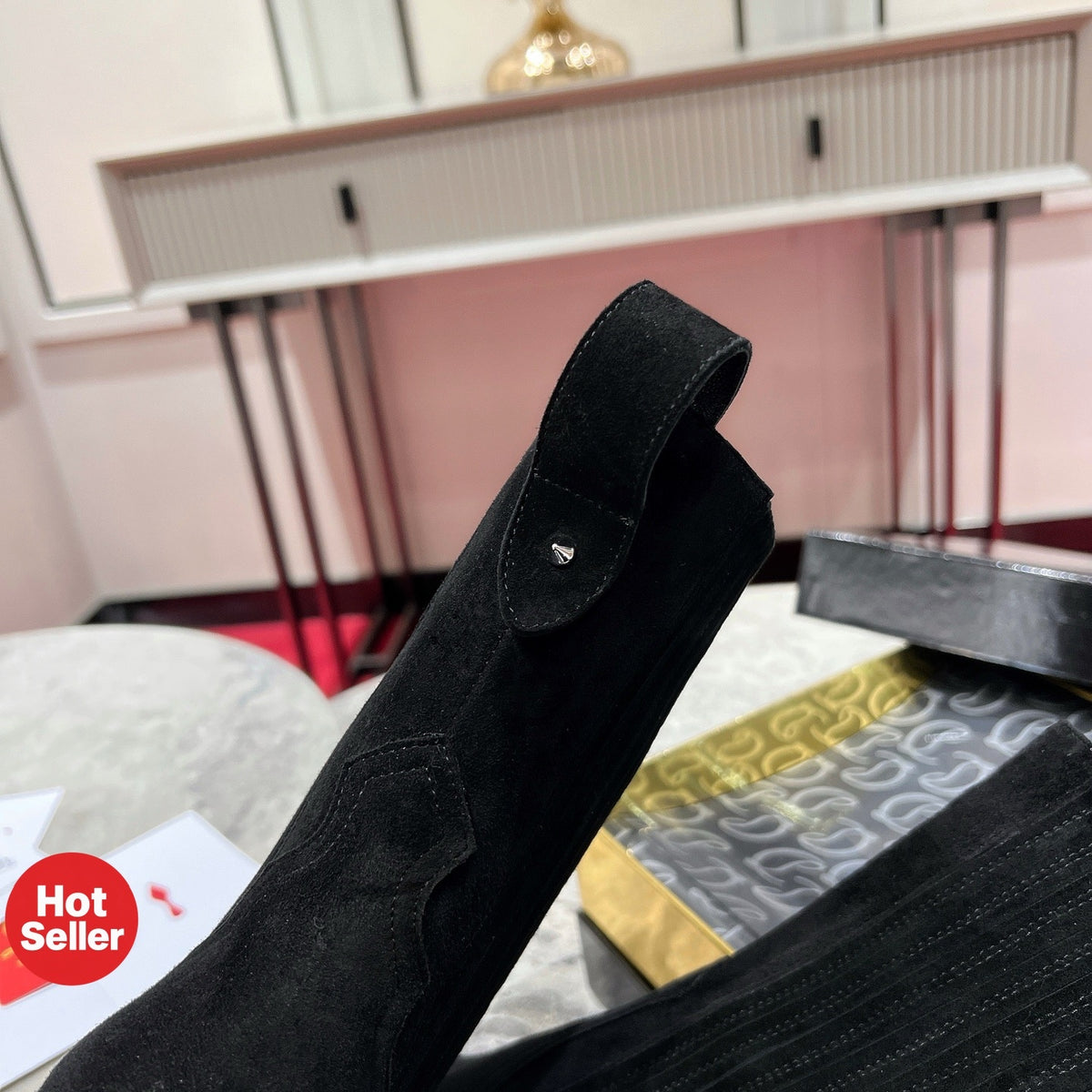 Black sheep suede mid-calf boots, 10cm heel.