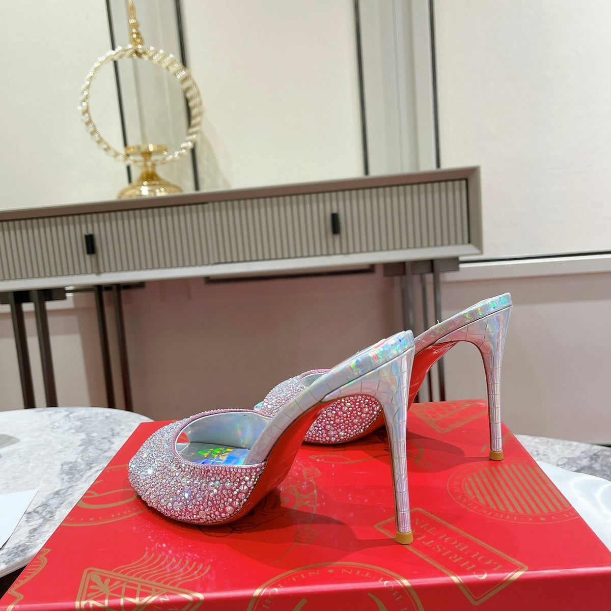 Peep-toe rhinestone high-heeled mules (10cm heel)