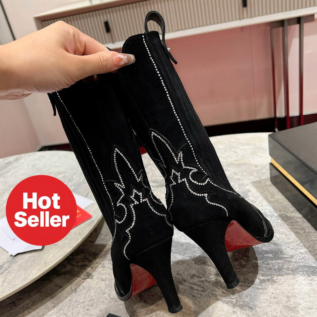 Black suede long boots, 8.5cm stiletto heels.