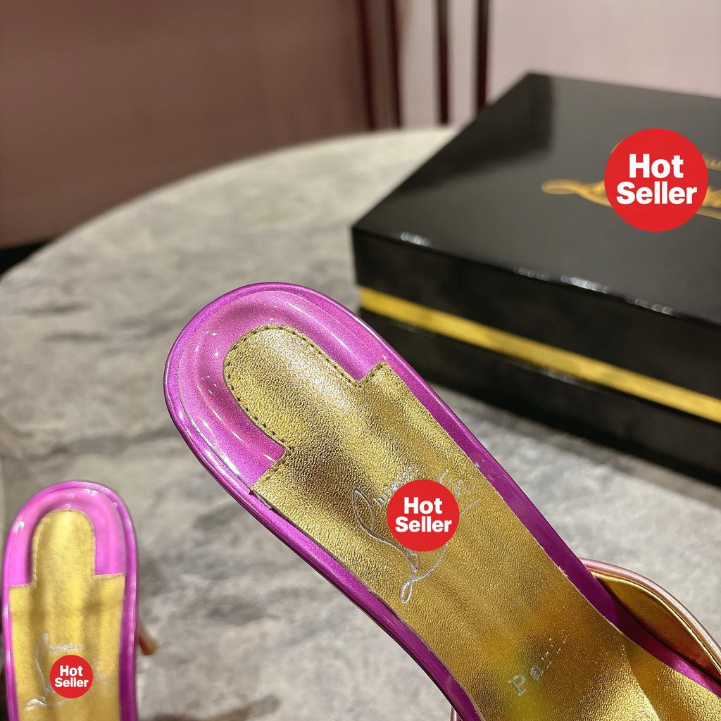Peep-toe colorful high-heeled mules, 10cm heel.