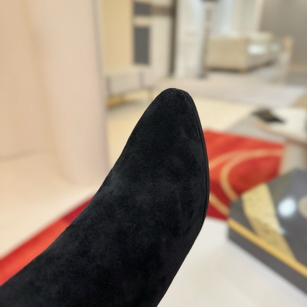Black suede stiletto ankle boots, 12cm heel.