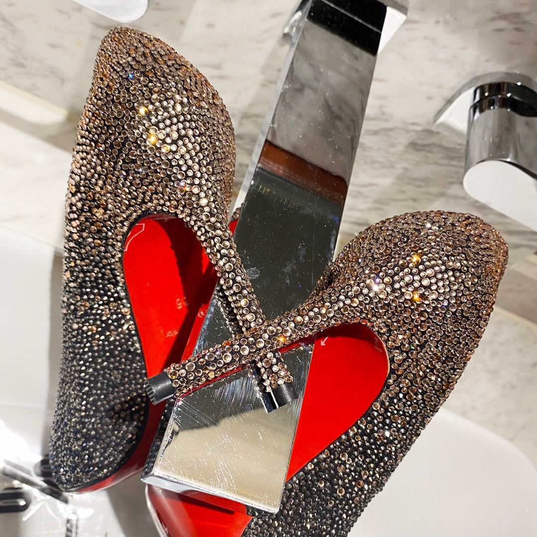 Peacock blue fully rhinestone-encrusted high heels, 10cm heel.