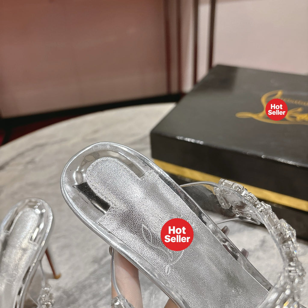 Rhinestone-embellished high-heeled mules, 10cm heel.