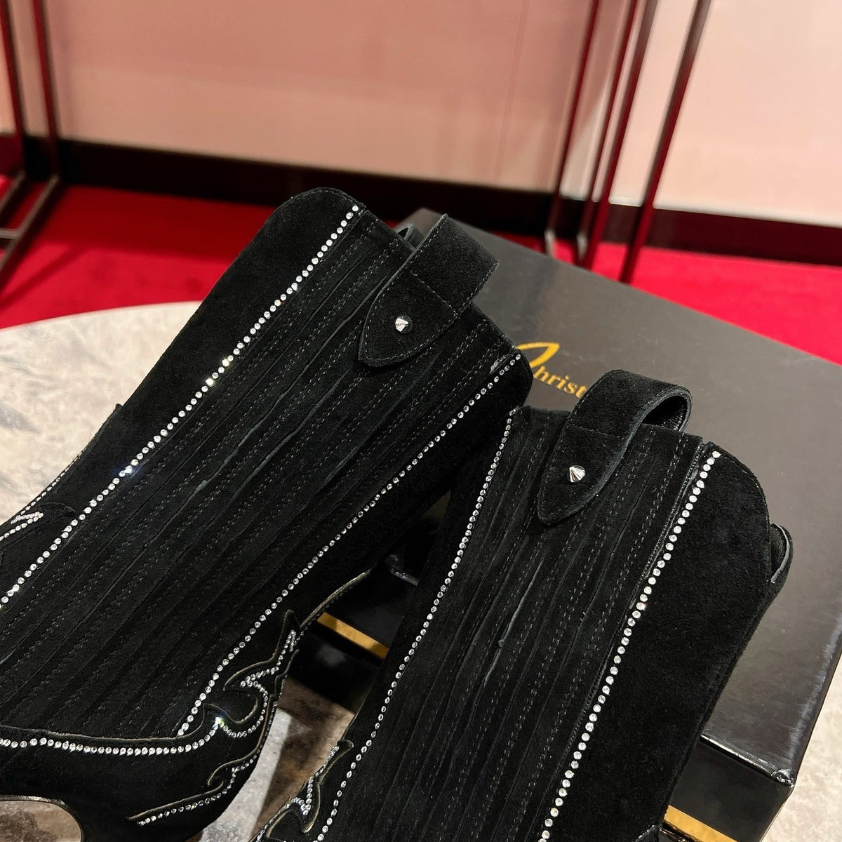 Black suede long boots, 8.5cm stiletto heels.