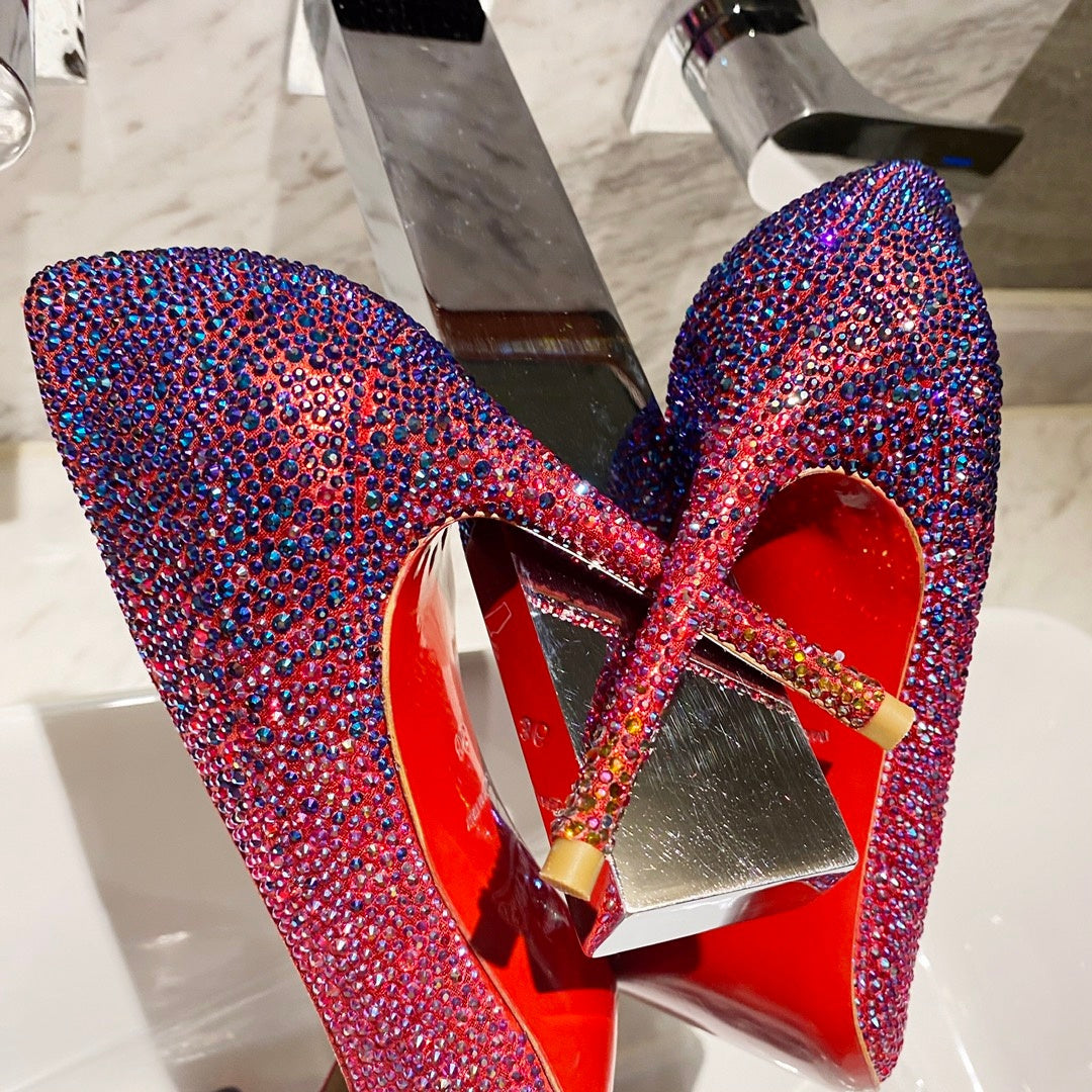 Red fully embellished high heels, 10cm heel.